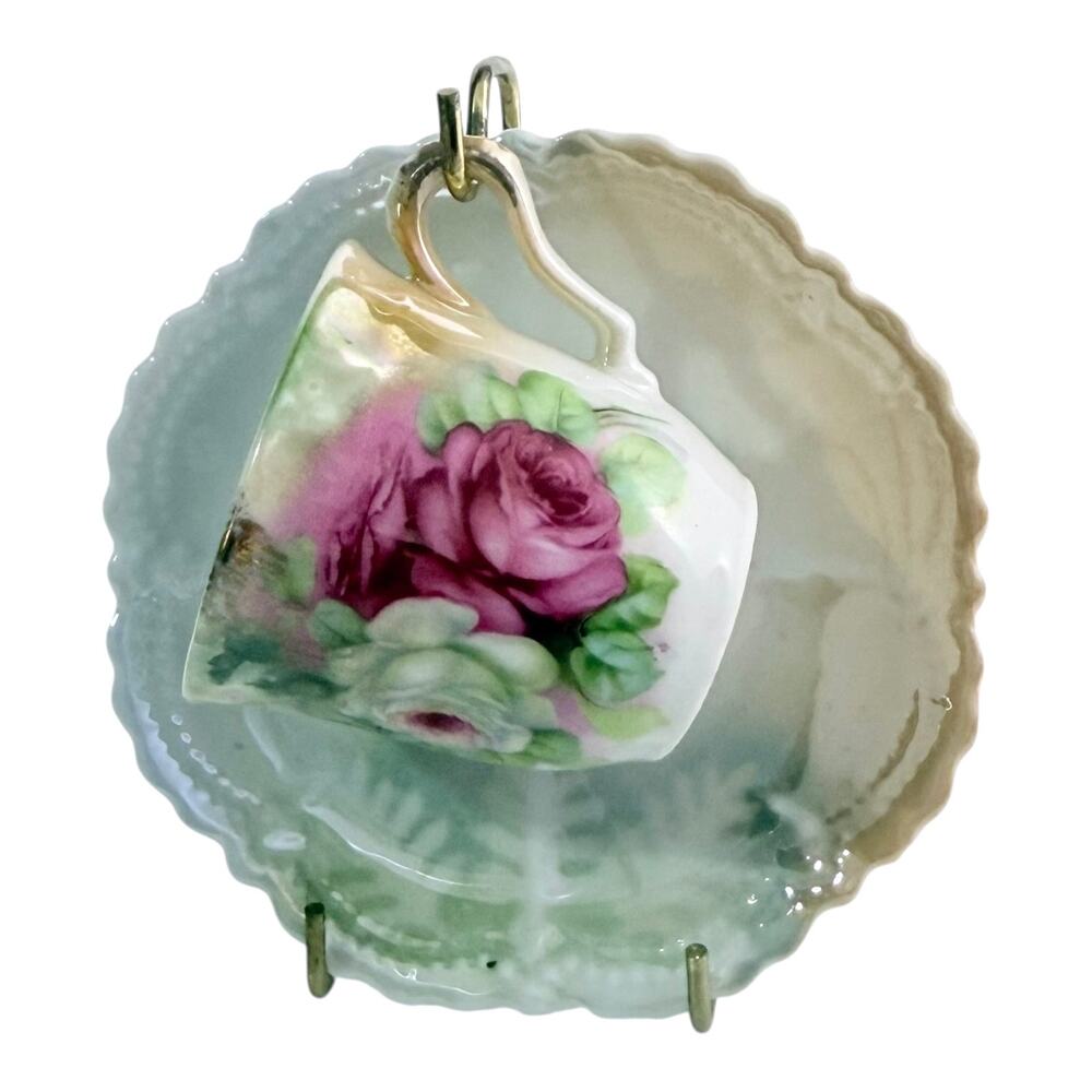 Leuchtenburg Pink Roses Demitasse Cup Saucer Set Porcelain Iridescent Floral Vtg